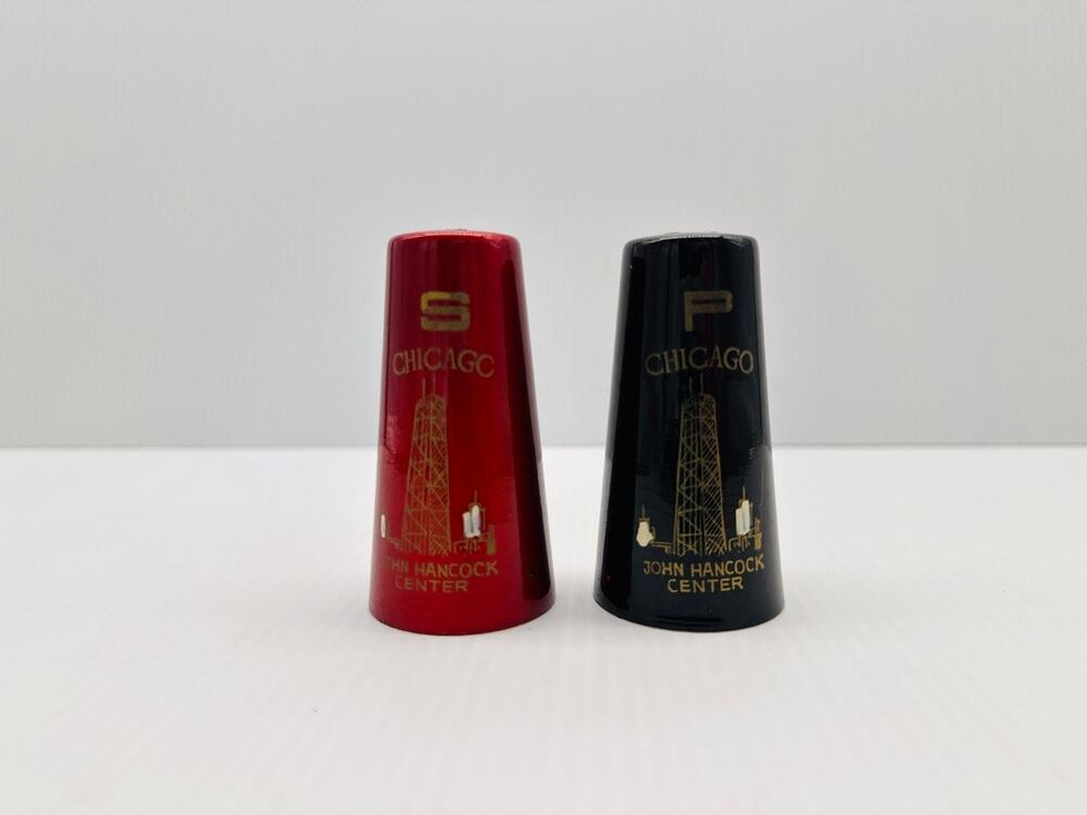 VINTAGE S & P SHAKER SET CHICAGO JOHN HANCOCK CENTER JAPAN BURGUNDY BLACK GOLD